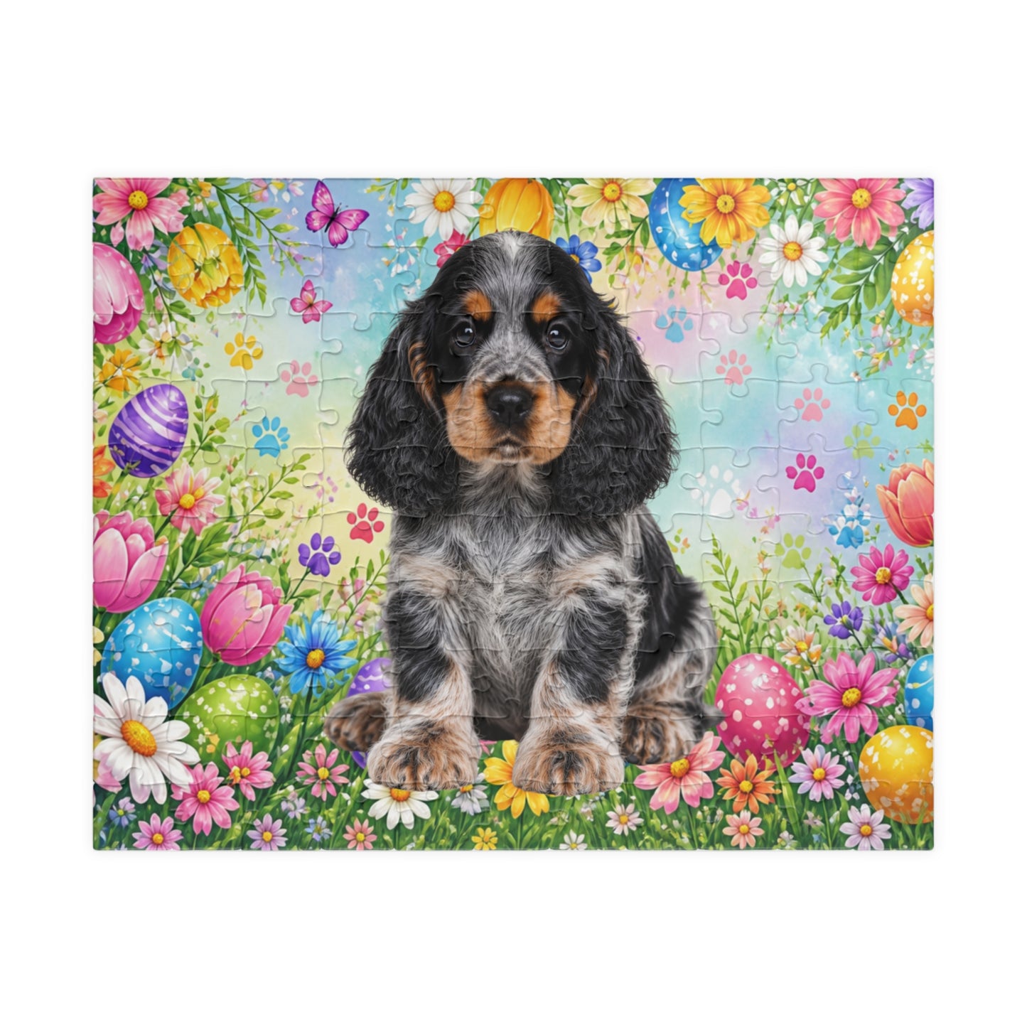 American Cocker Spaniel (Blue Roan) Easter Puppy Puzzle - Spring Garden with Eggs, Tulips, and Daisies