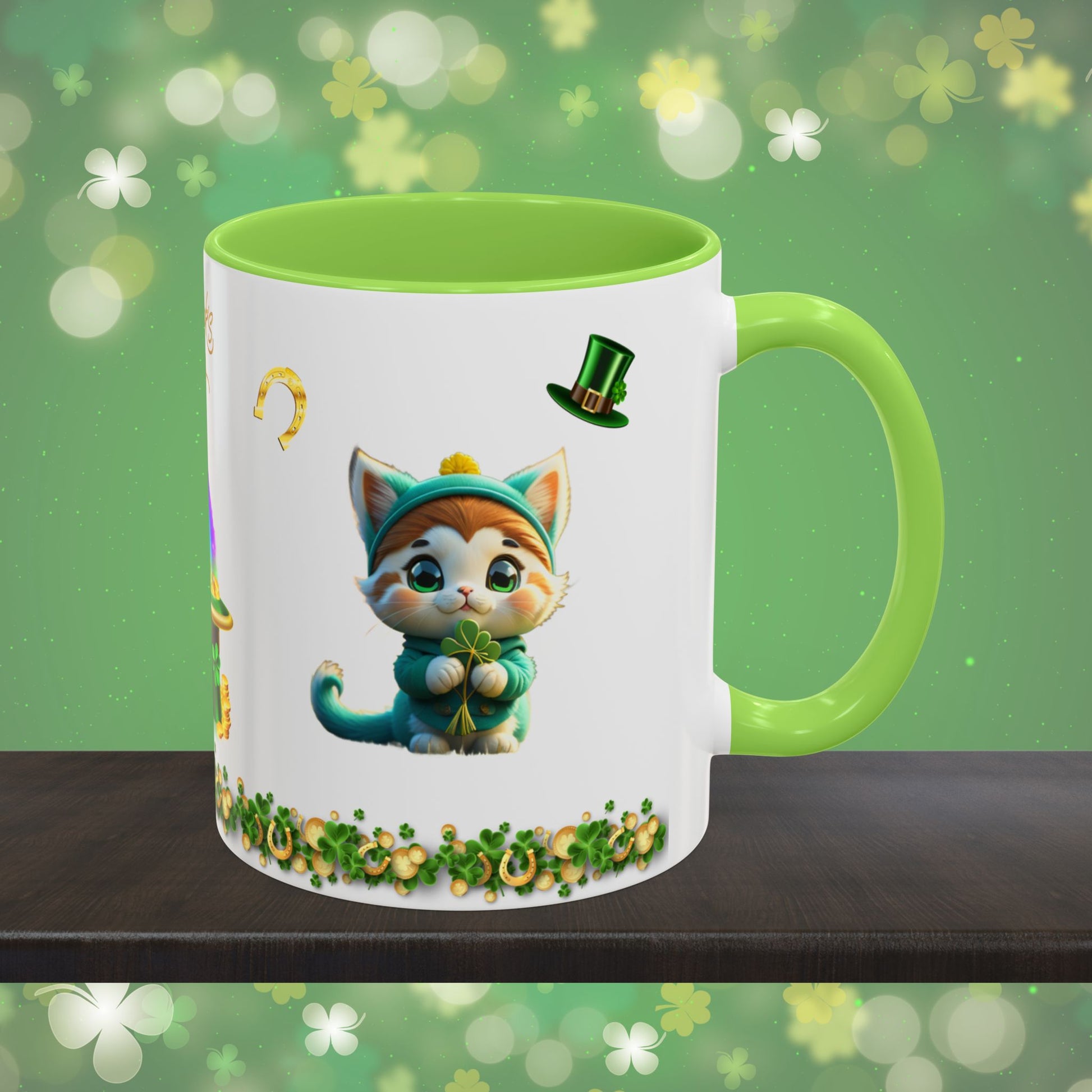 Serene Shamrock Kitty: St. Patrick's Day Two-Tone Coffee Mug - Festive Ceramic Mug for Positivity & Mindfulness