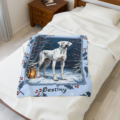 Great Dane White custom winter blanket showing a gentle Great Dane in a crisp illustrated snowy lodge setting