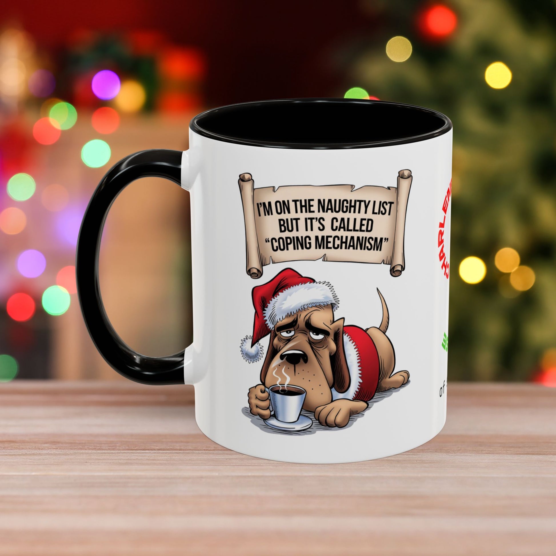 I'm On The Naughty List, But It's Called 'Coping Mechanism' – Christmas Mug with Dog Design and Accent Color