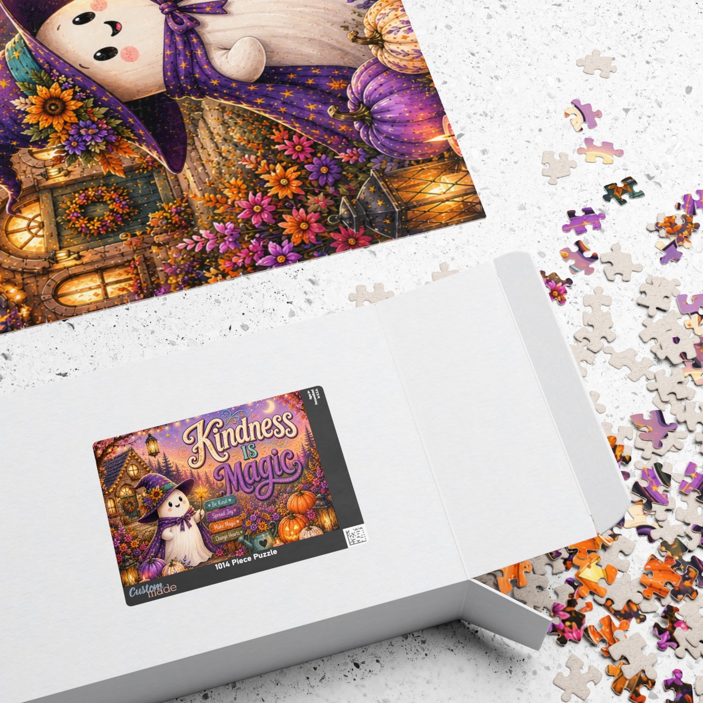 Kindness Is Magic Halloween Puzzle - Witch Ghost with Magic Wand, Purple Pumpkins, and Wildflowers