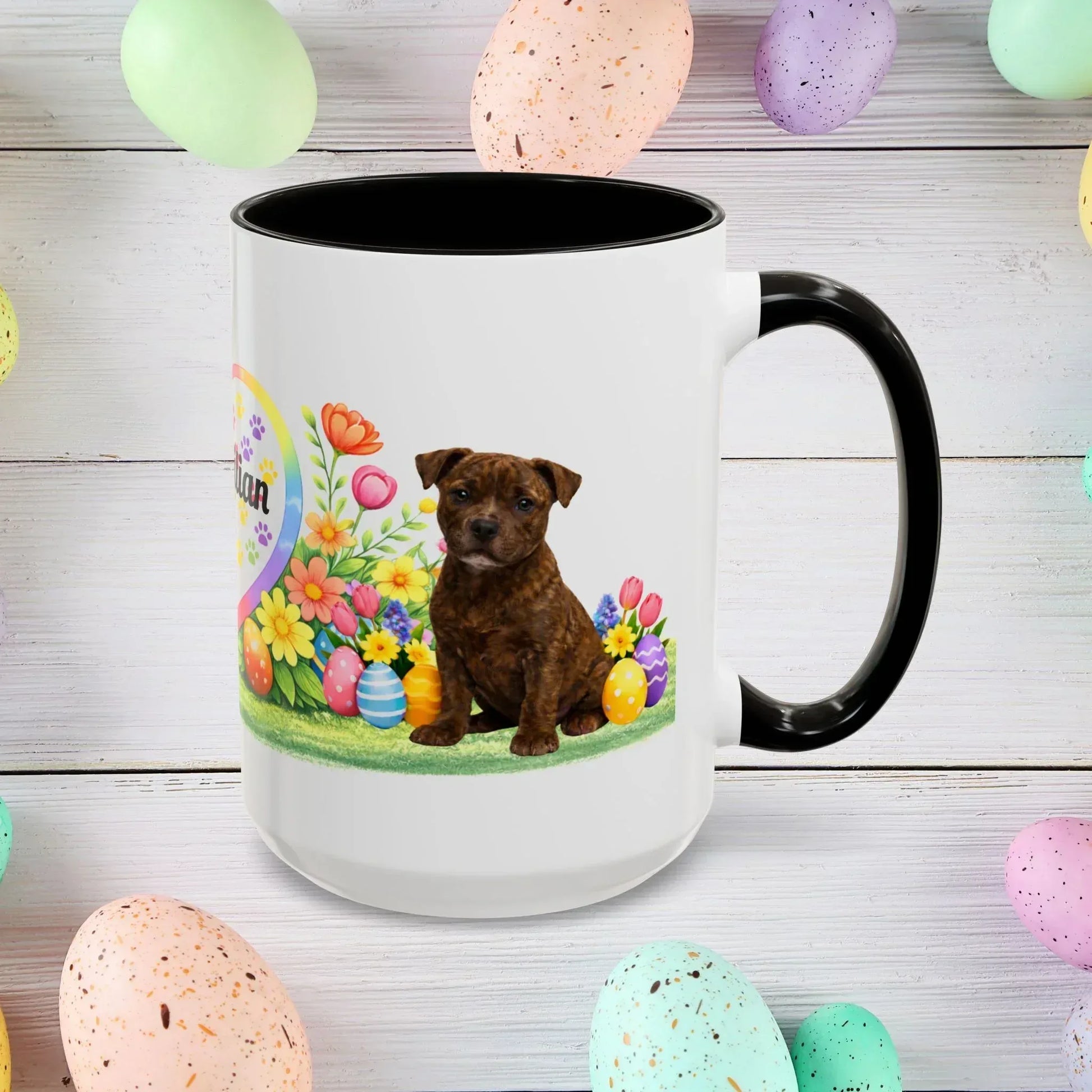 Shop our pitbull brindle puppy easter mug featuring the 15oz style option from MySisterIsASurvivor.