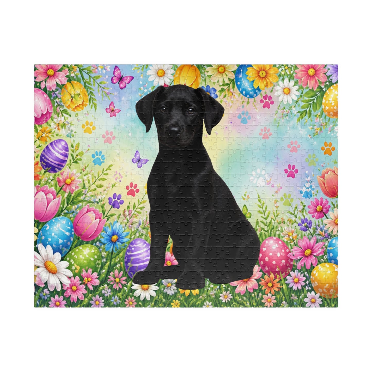Doberman (Black) Easter Puppy Puzzle - Spring Flowers, Easter Eggs, and Butterflies
