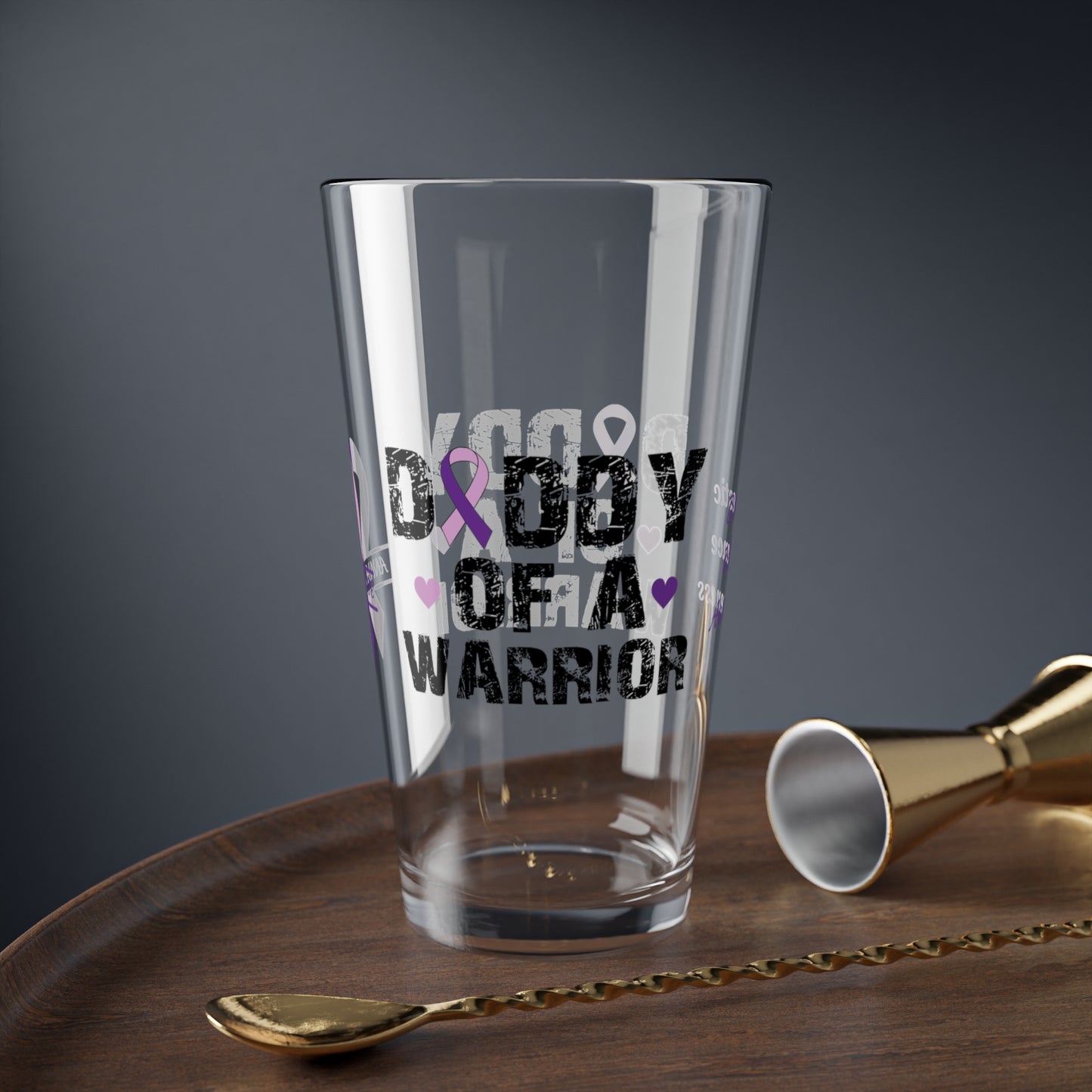 Daddy of a Warrior: Personalized Domestic Violence Awareness Warrior Pint Glass - Proud Family Member