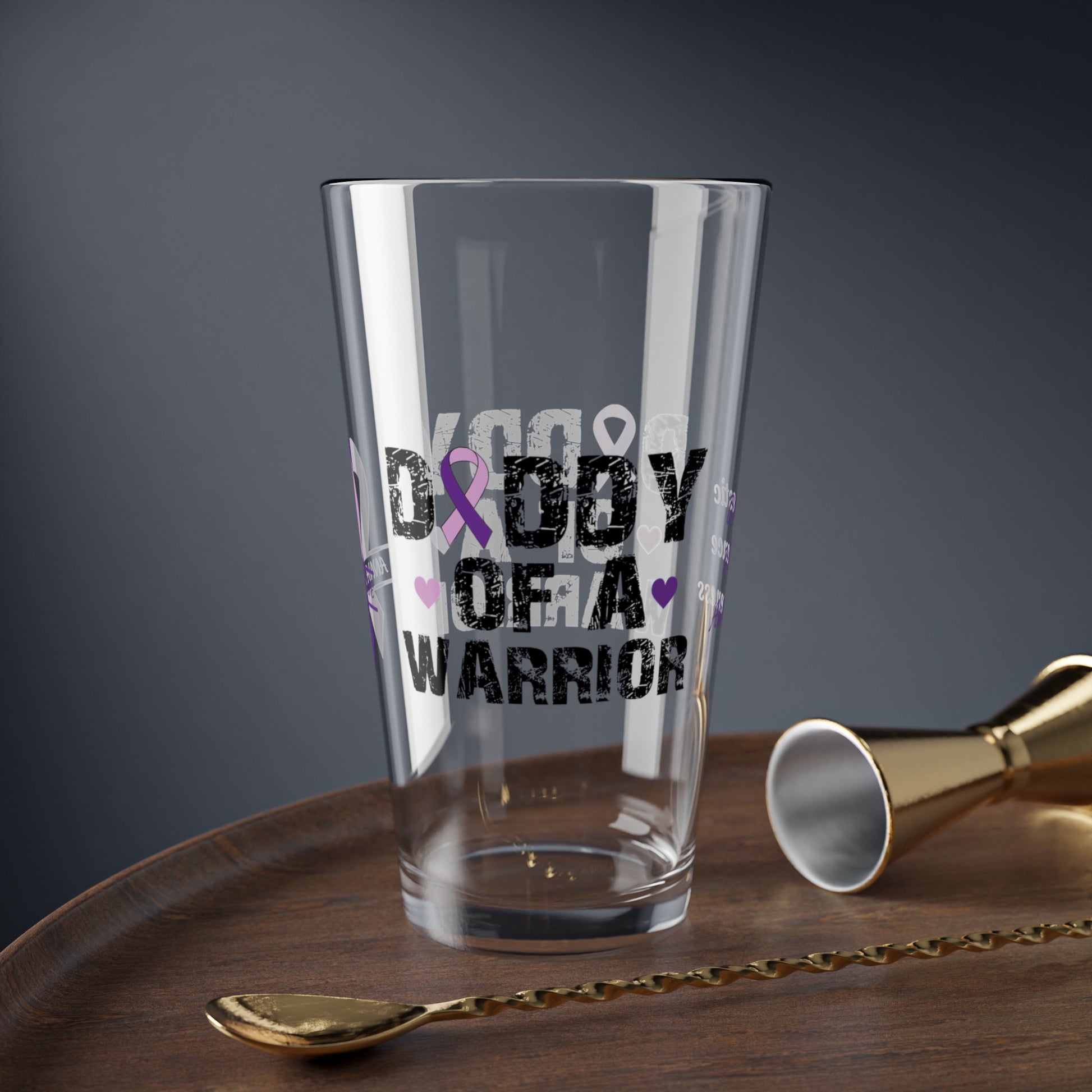 Daddy of a Warrior: Personalized Domestic Violence Awareness Warrior Pint Glass - Proud Family Member