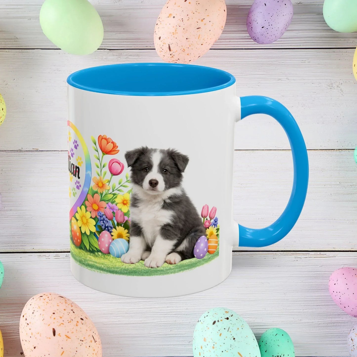 Shop our border collie blue white puppy easter mug featuring the 11oz style option from MySisterIsASurvivor.