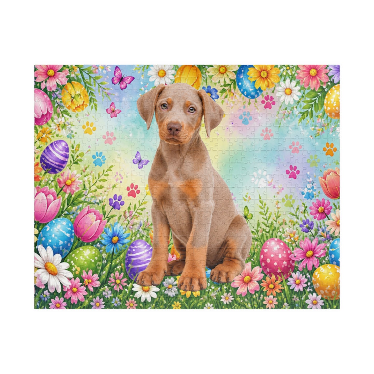 Doberman (Fawn/Isabella & Rust) Easter Puppy Puzzle - Spring Garden with Eggs, Tulips, and Daisies
