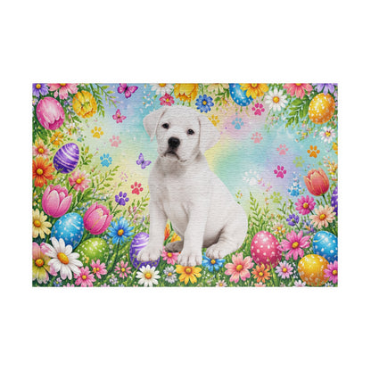 Rottweiler (White) Easter Puppy Puzzle - Spring Garden with Eggs, Tulips, and Butterflies