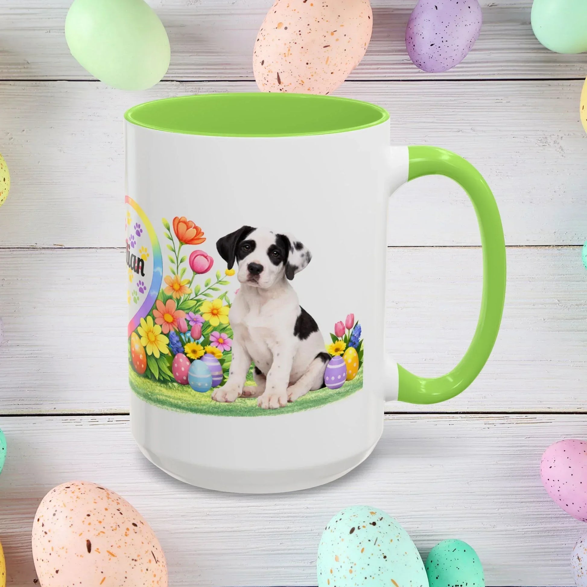 Shop our great dane piebald puppy easter mug featuring the 15oz style option from MySisterIsASurvivor.
