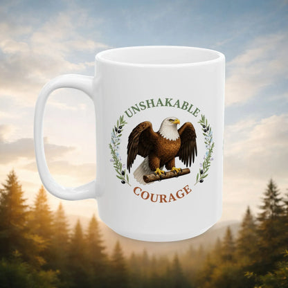 Shop our premium unshakable courage eagle mug from MySisterIsASurvivor.