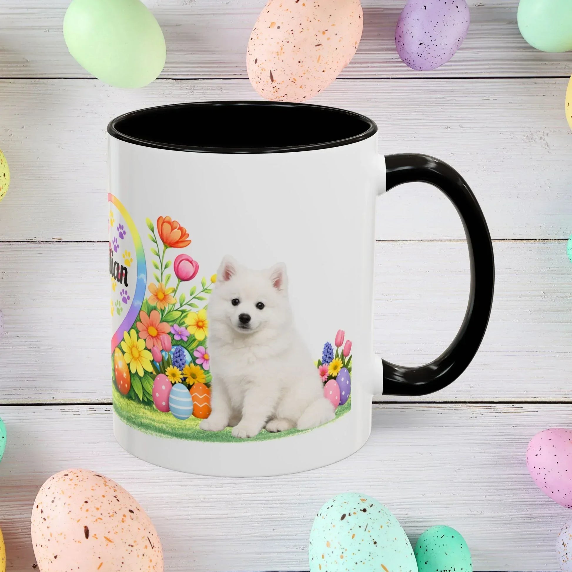 Shop our american eskimo puppy easter mug featuring the 11oz style option from MySisterIsASurvivor.