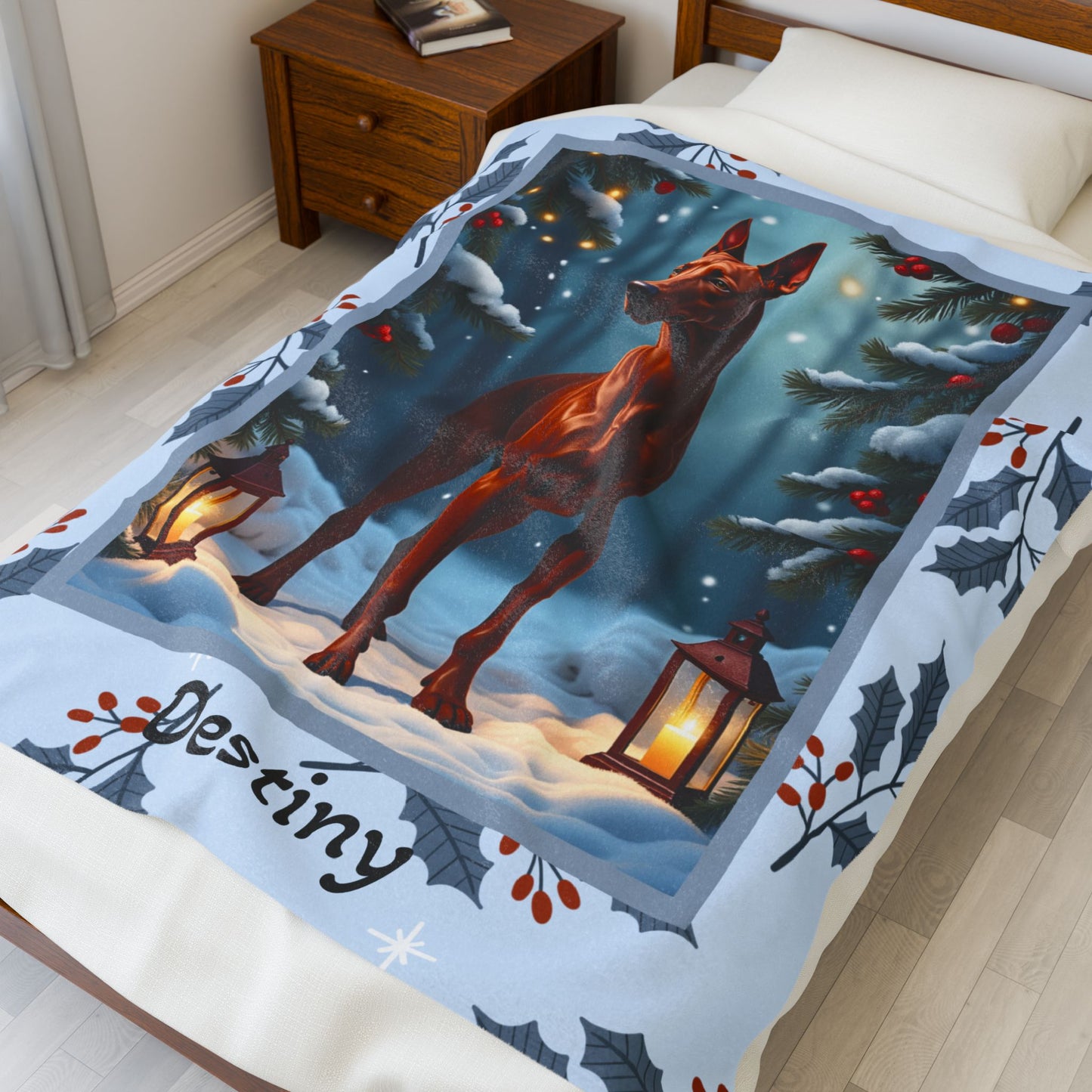 Doberman Red custom winter dog blanket featuring a Doberman standing in a bright snowy lodge-style illustration