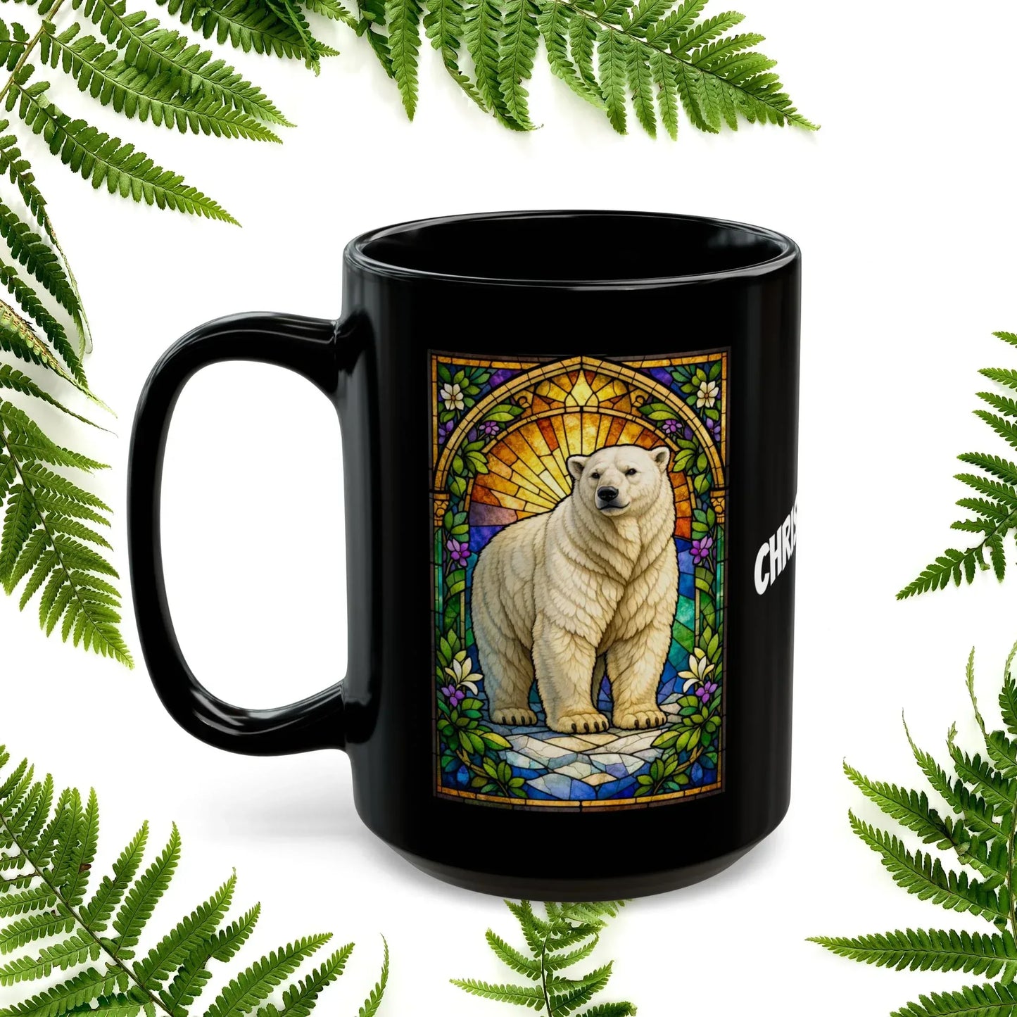 Shop our premium polar bear stained glass style black mug from MySisterIsASurvivor.