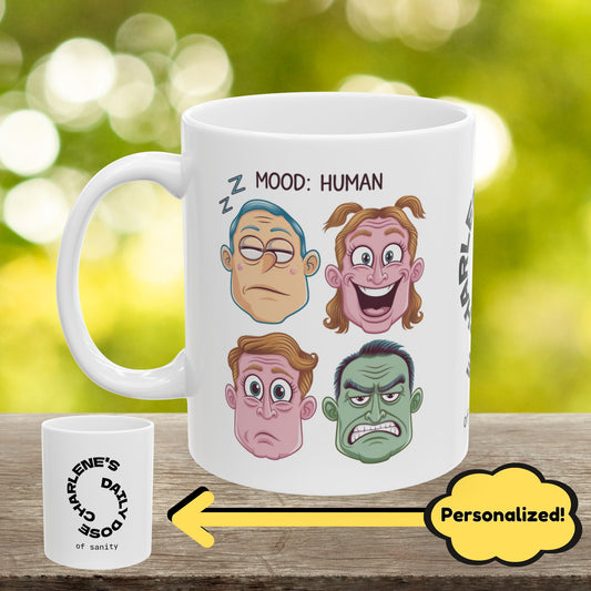"Mood: Human" indoor/outdoor pillow, personalized anxiety relief cushion for mental health support and self-care.