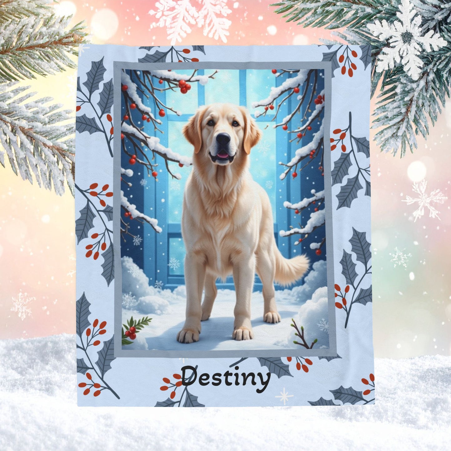 Golden Retriever White personalized winter throw featuring a white Golden Retriever in a cheerful lodge setting