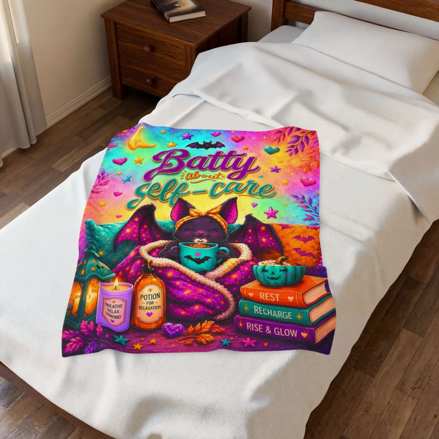 Batty About Self-Care Velveteen Blanket - Cozy Bat with Breathe Relax Unwind Candle and Rest Recharge Rise Books