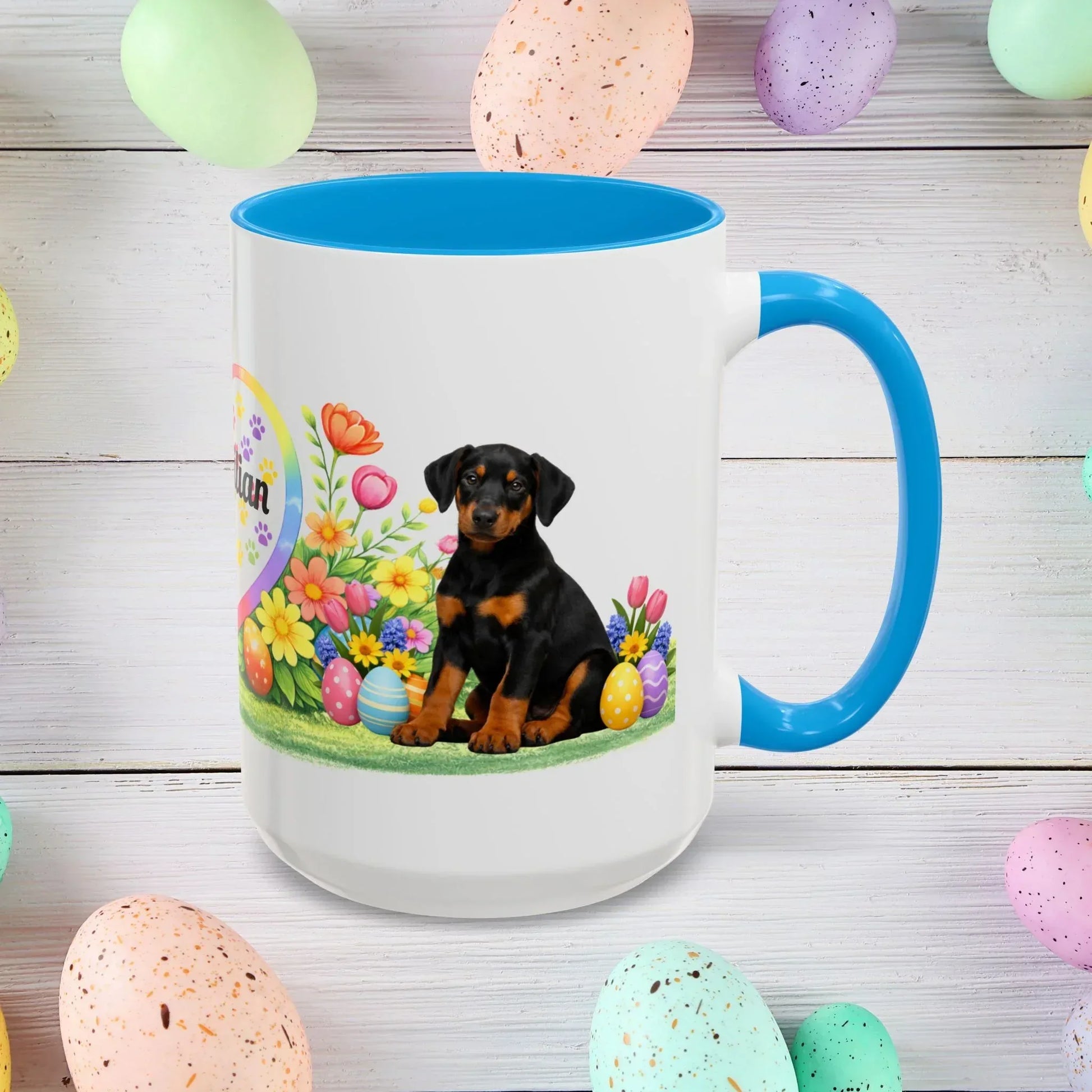 Shop our doberman black rust puppy easter mug featuring the 15oz style option from MySisterIsASurvivor.