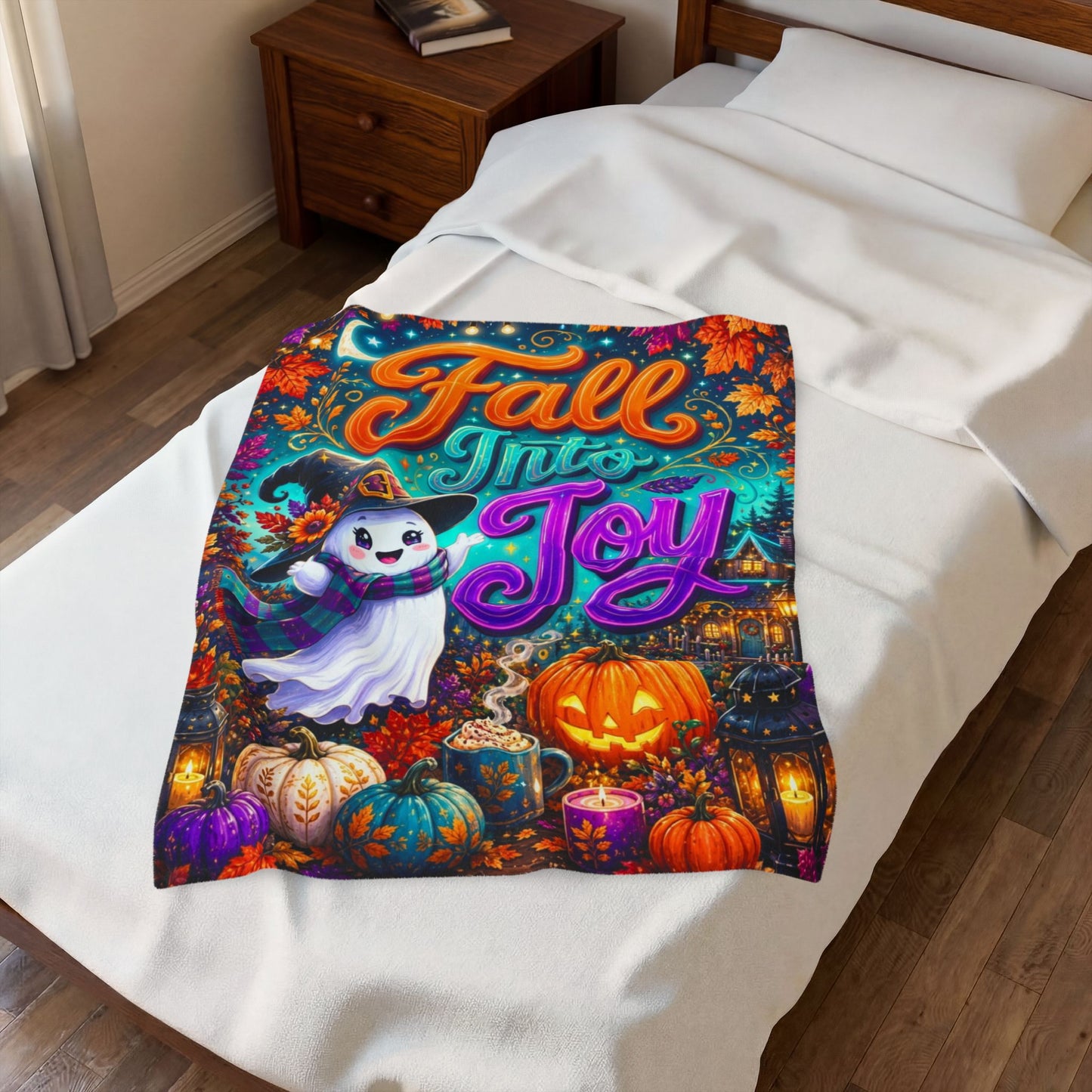 Fall Into Joy Velveteen Blanket - Ghost with Arms Raised in Delight with Pumpkins and Cozy Cottage