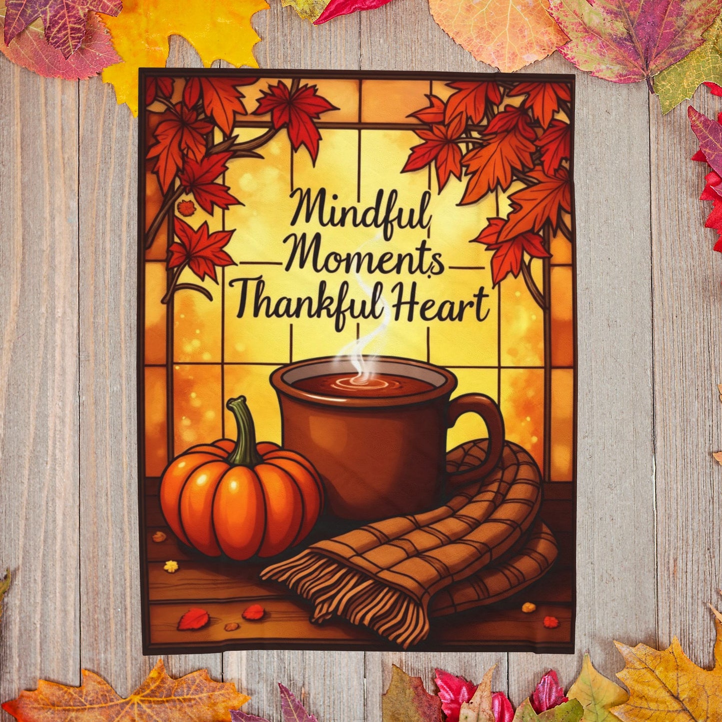 Cozy blanket with “Mindful Moments, Thankful Heart,” autumn mindfulness theme in warm orange and red.