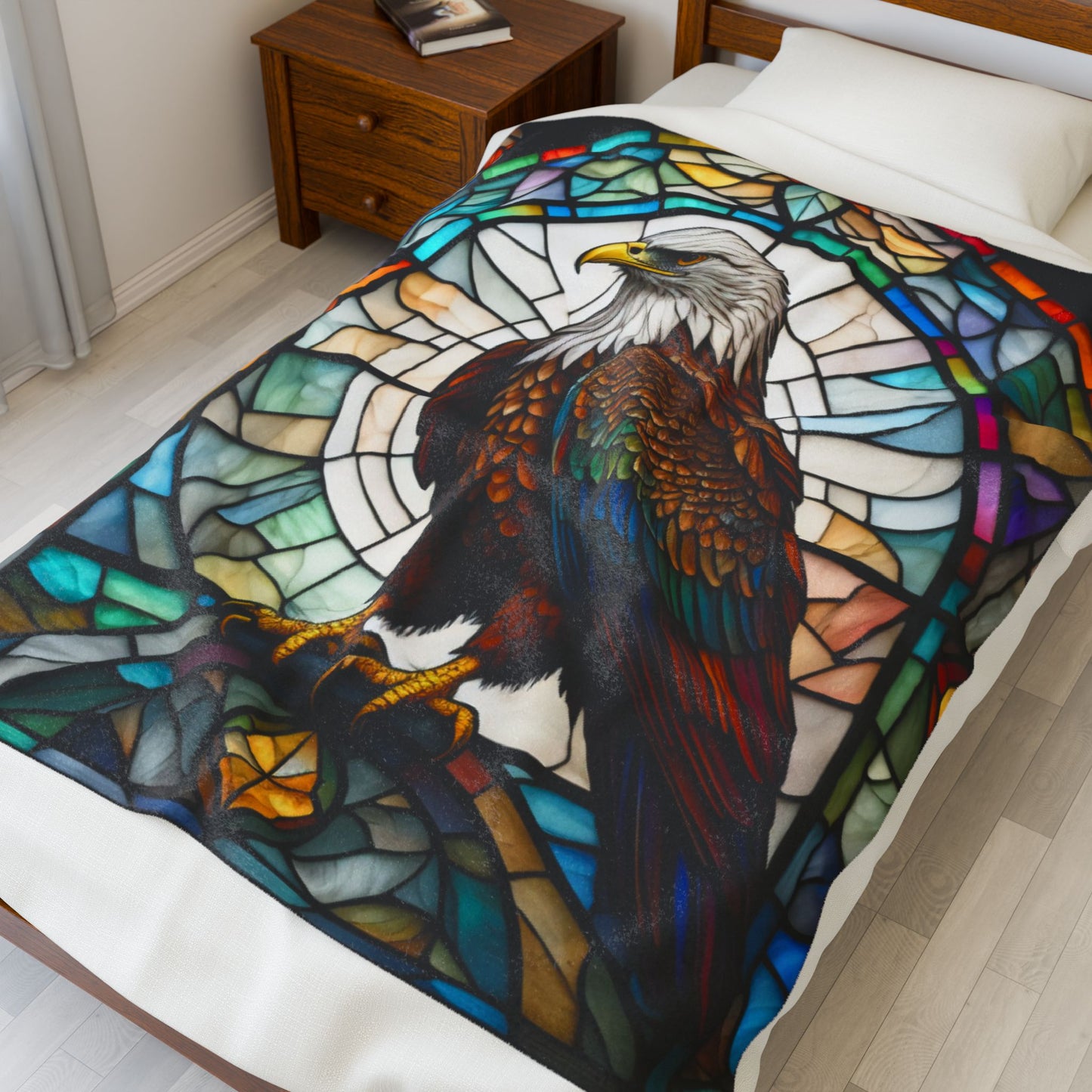 A majestic eagle blanket in stained glass style, offering cozy warmth and peaceful energy.