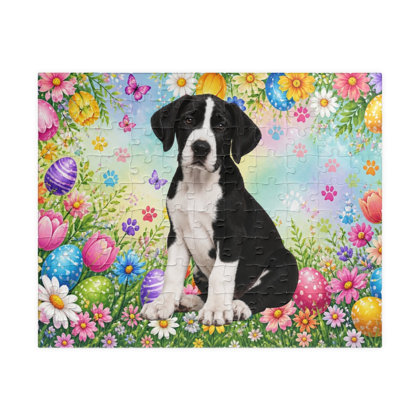 Great Dane (Mantle) Easter Puppy Puzzle - Spring Garden with Eggs, Tulips, and Daisies