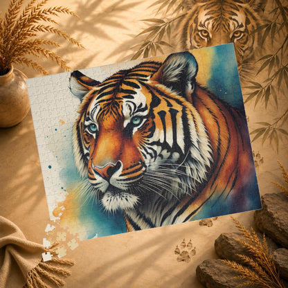 Thrive with the Tiger - Watercolor Tiger Puzzle with Teal Eyes and Warm Amber Washes on White