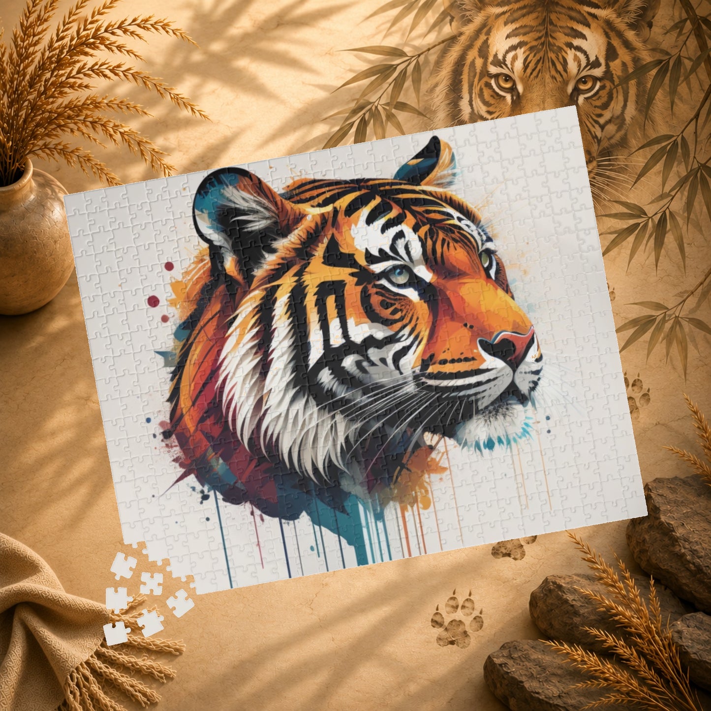 The Tiger Within - Vivid Tiger Portrait Puzzle with Multicolor Paint Splatters on White