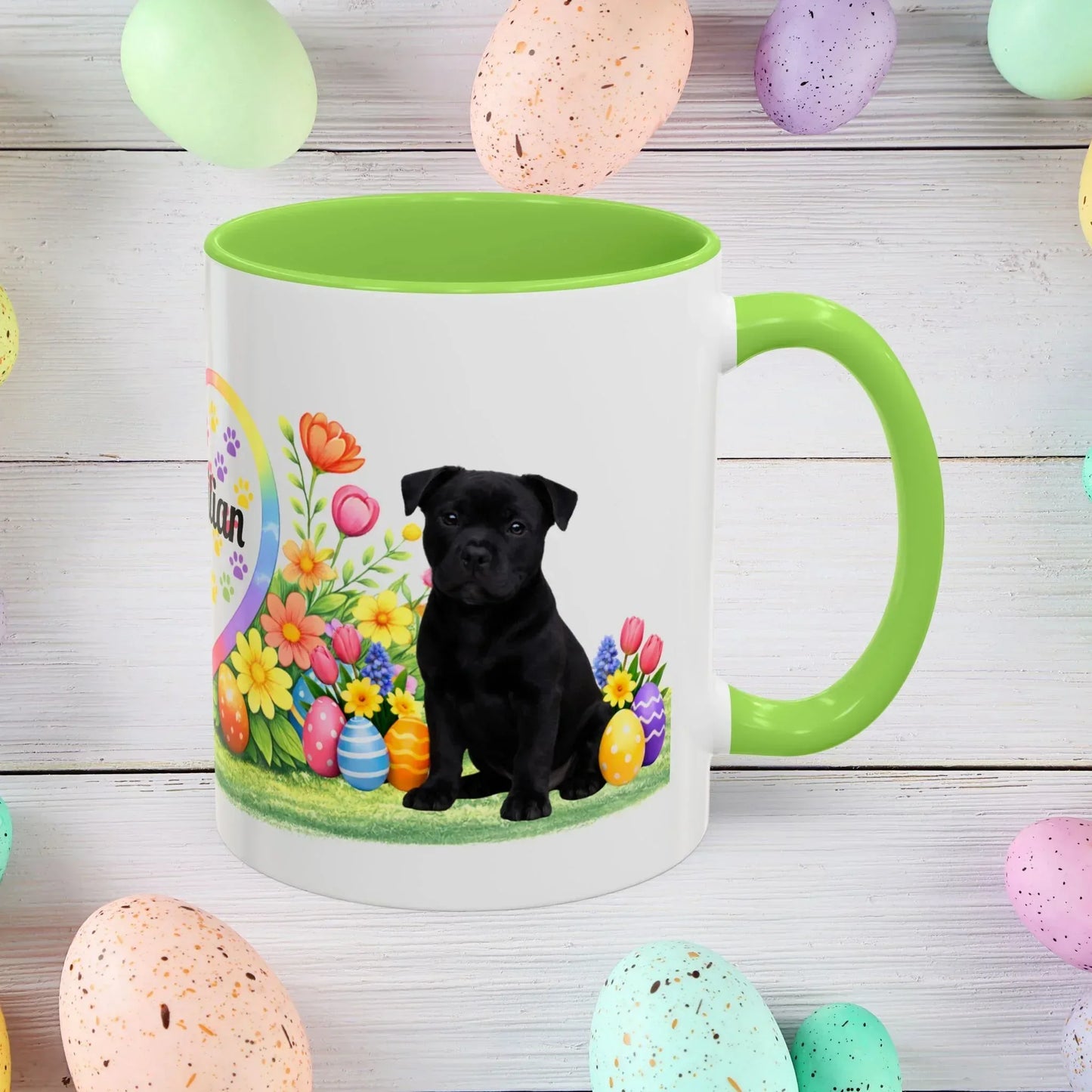 Shop our pitbull black puppy easter mug featuring the 11oz style option from MySisterIsASurvivor.
