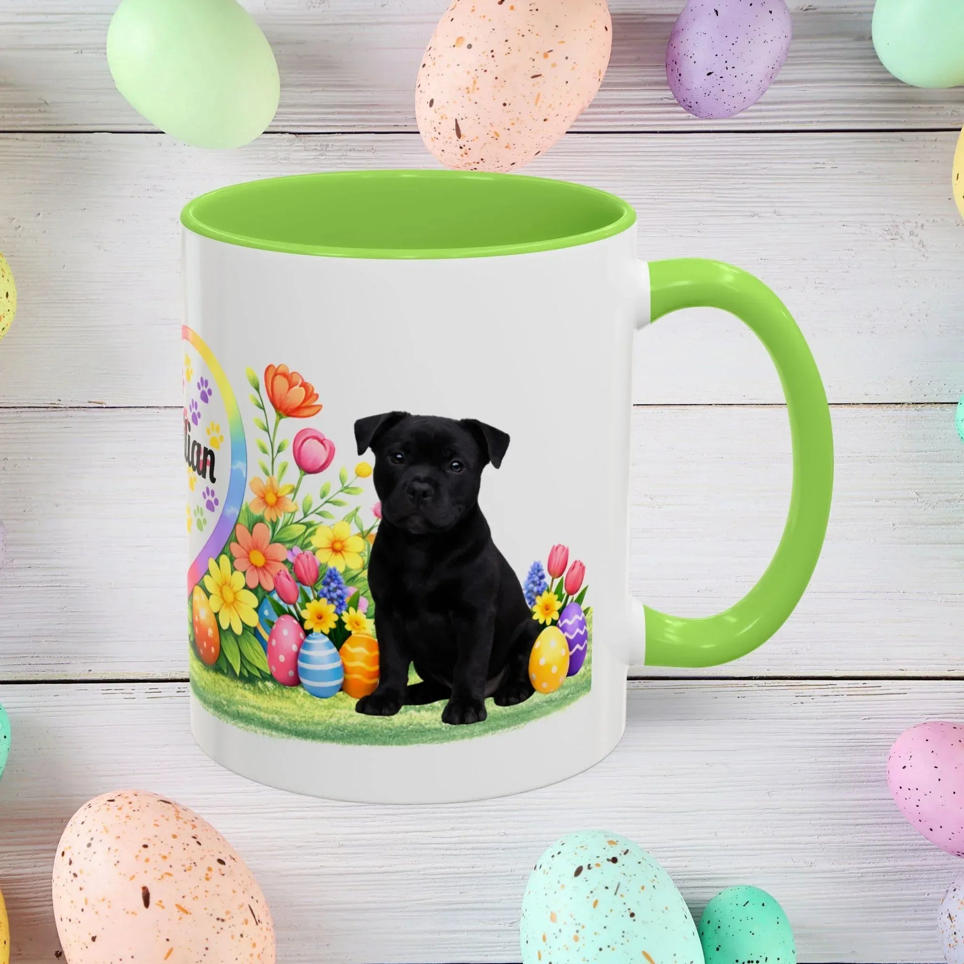 Shop our pitbull black puppy easter mug featuring the 11oz style option from MySisterIsASurvivor.