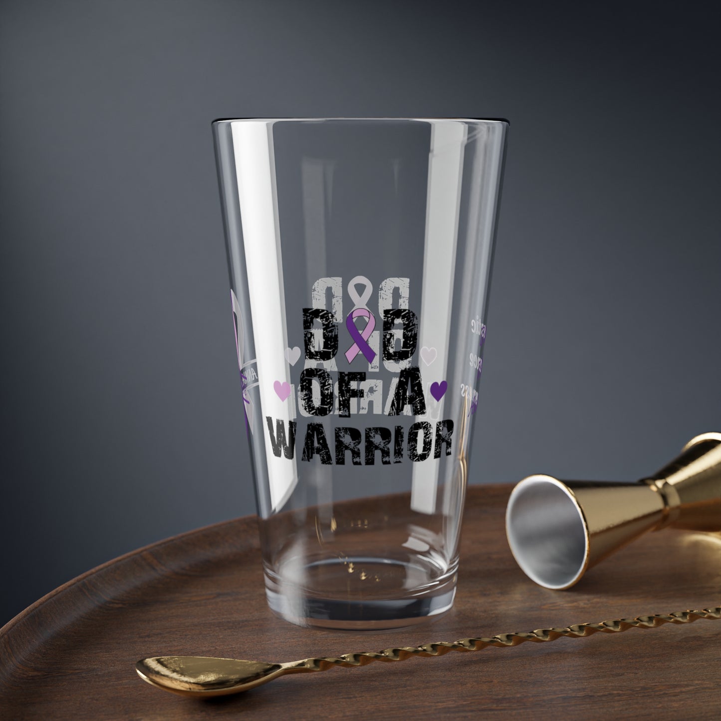 Dad of a Warrior: Personalized Domestic Violence Awareness Warrior Pint Glass - Proud Family Member