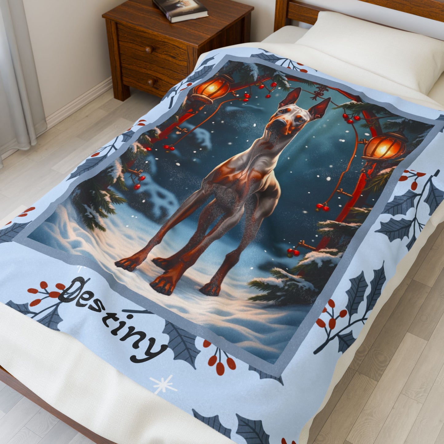 Doberman Fawn and Rust custom winter throw showing a proud Doberman in a cheerful snow-covered lodge setting