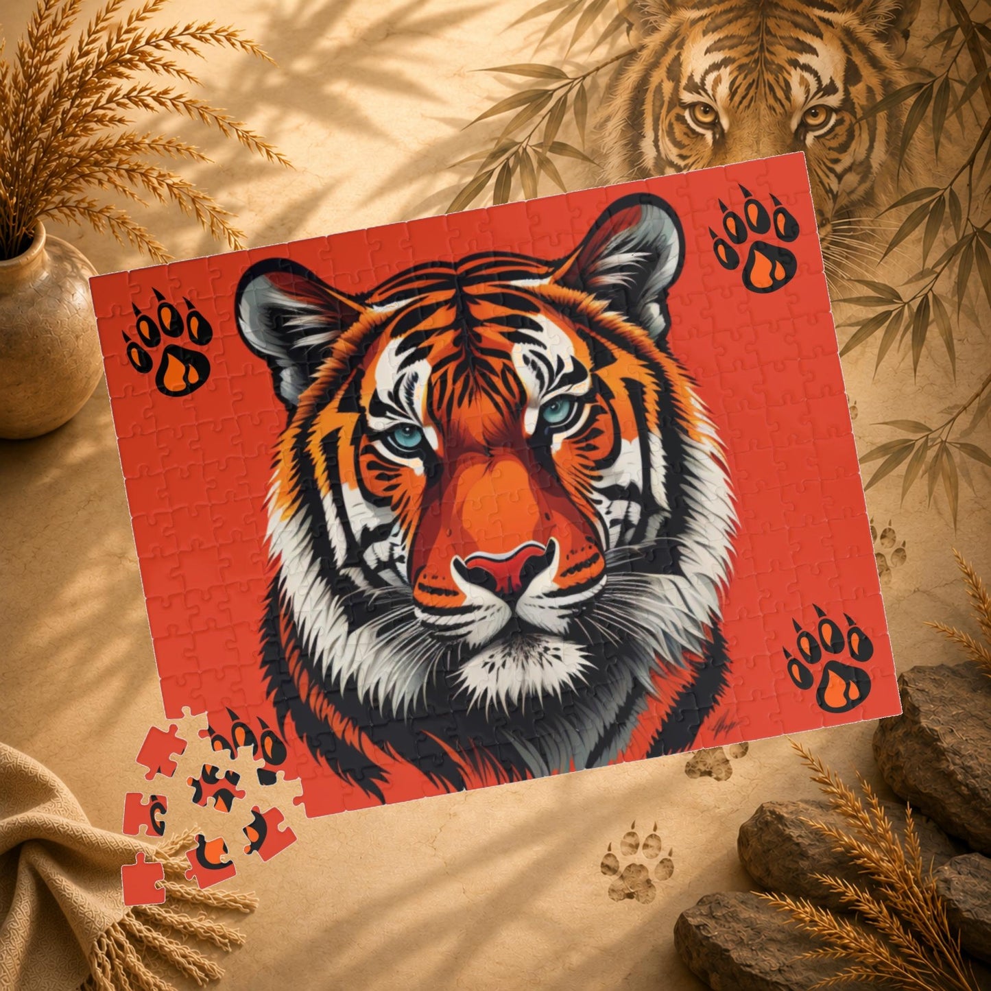 Wild Resilience - Tiger Portrait Puzzle with Paw Prints on Bold Red Background