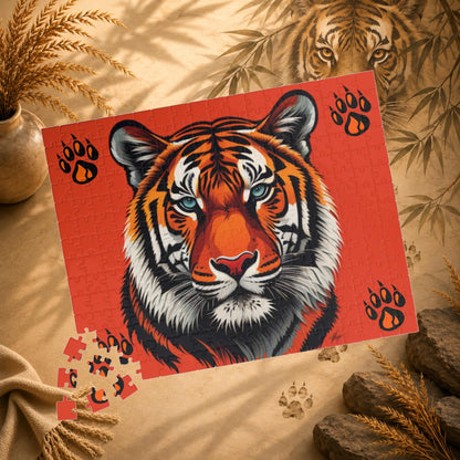 Wild Resilience - Tiger Portrait Puzzle with Paw Prints on Bold Red Background