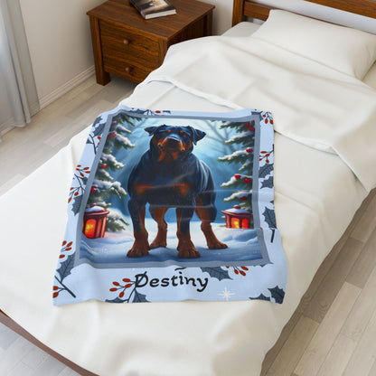 Rottweiler Blue custom winter blanket featuring a strong blue Rottweiler in a cozy lodge-style winter scene