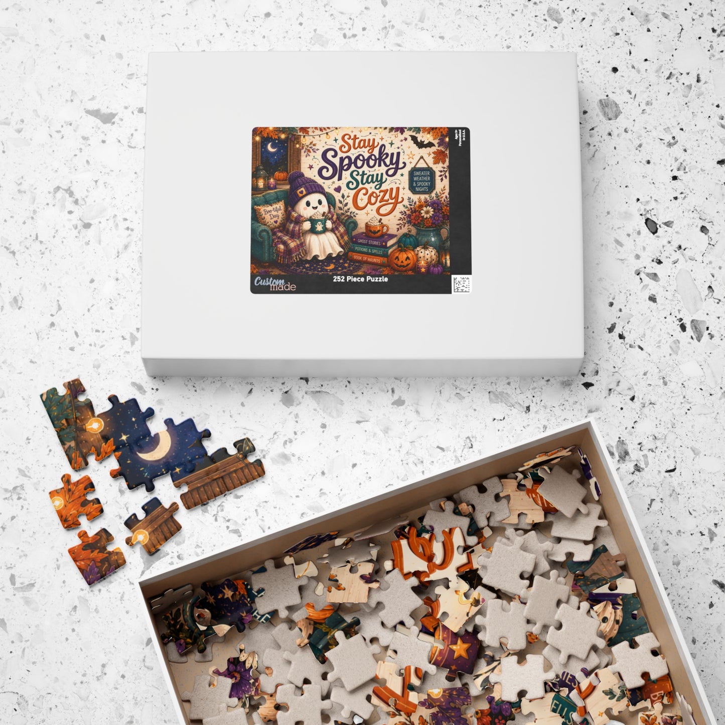 Stay Spooky Stay Cozy Halloween Puzzle - Ghost in Armchair with Boo-tiful Day Pillow and Ghost Stories Books
