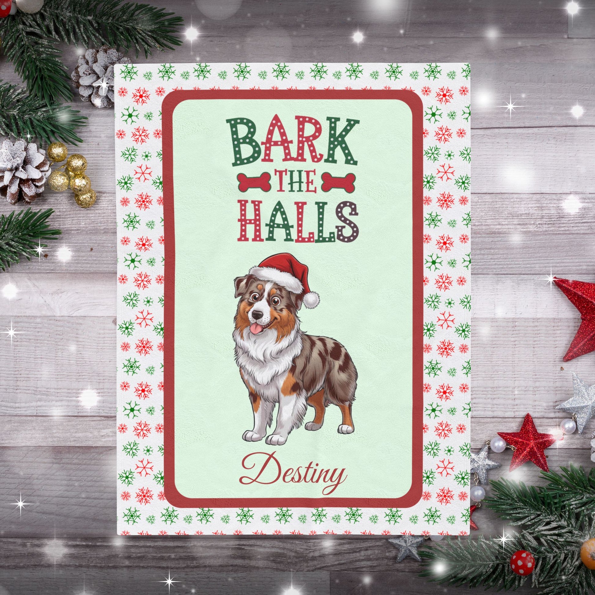 Red Merle Australian Shepherd custom velveteen blanket, cozy holiday dog lover throw