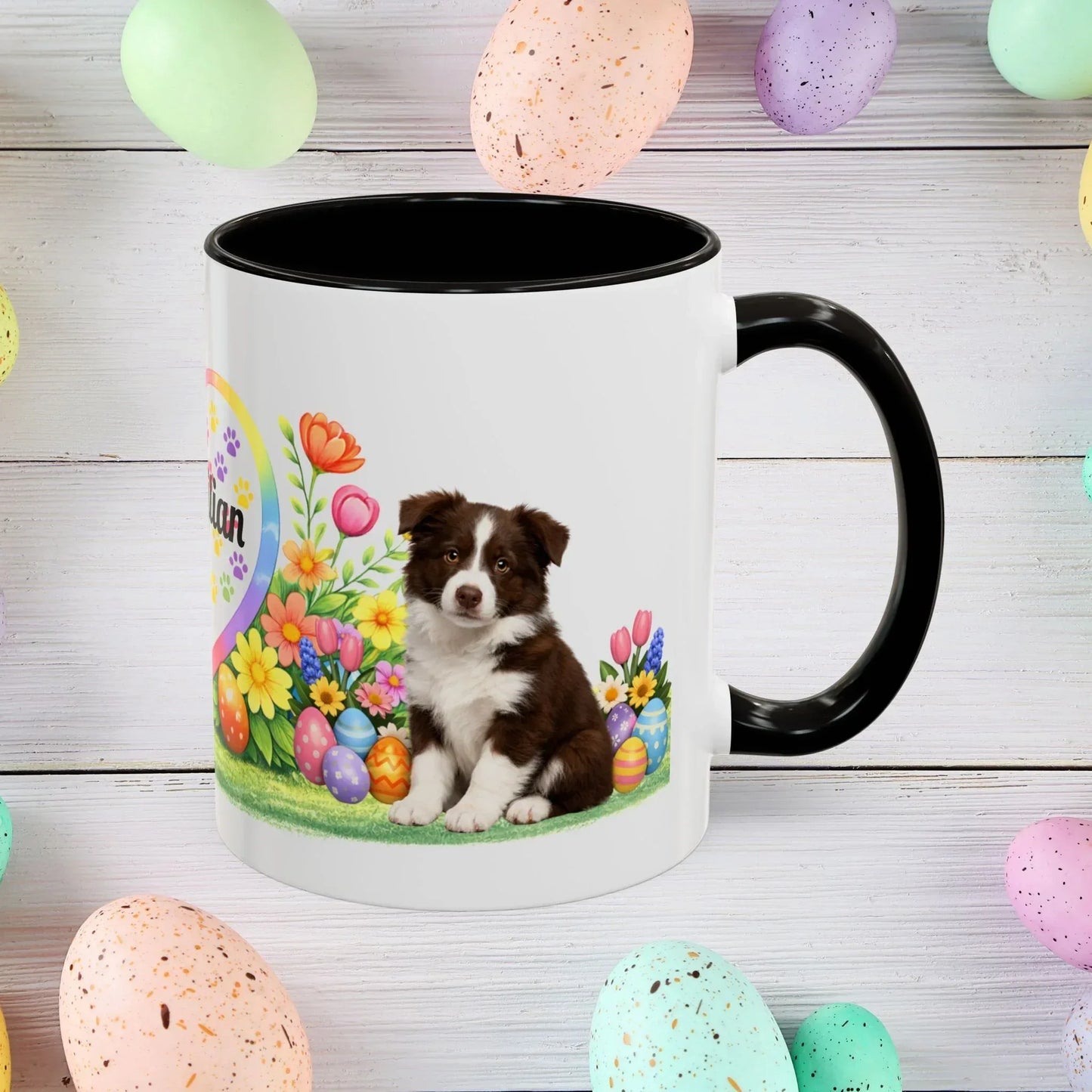 Shop our border collie chocolate white puppy easter mug featuring the 11oz style option from MySisterIsASurvivor.