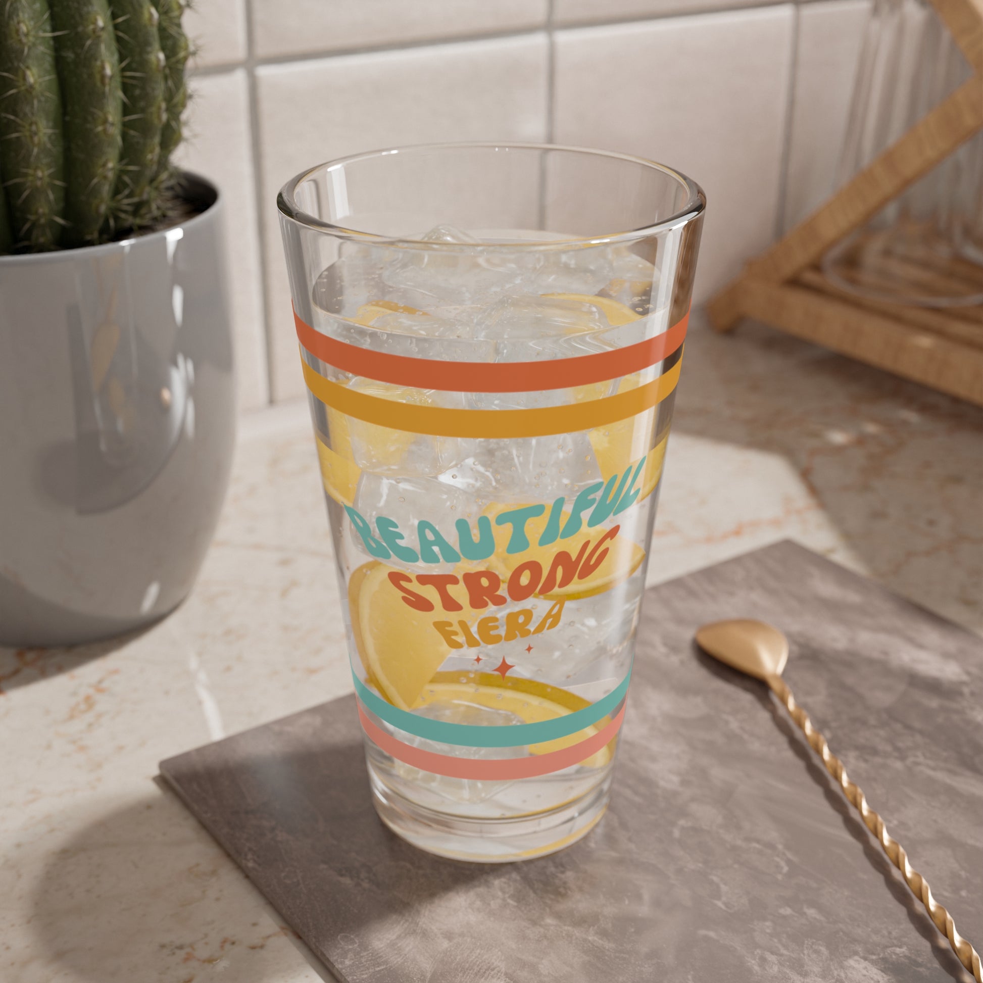 Beautiful Strong Fiera Retro Pint Glass - 16oz Mental Health Drinkware, Clear Glass for Beverages