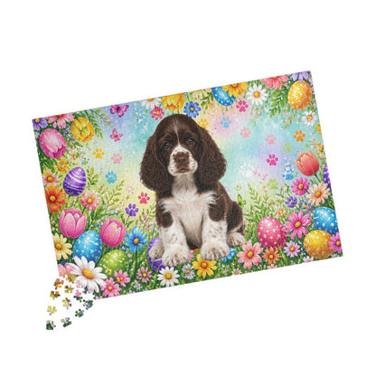 American Cocker Spaniel (Liver & White) Easter Puppy Puzzle - Spring Garden with Eggs, Tulips, and Daisies