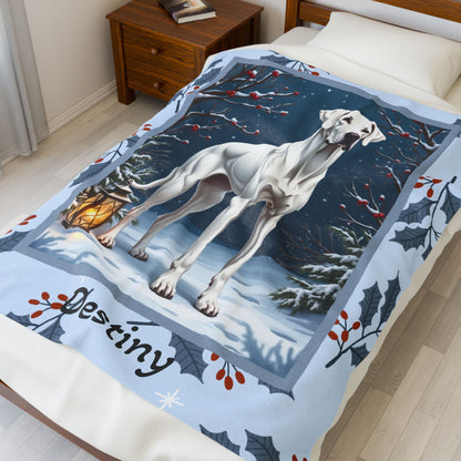 Great Dane White custom winter blanket showing a gentle Great Dane in a crisp illustrated snowy lodge setting