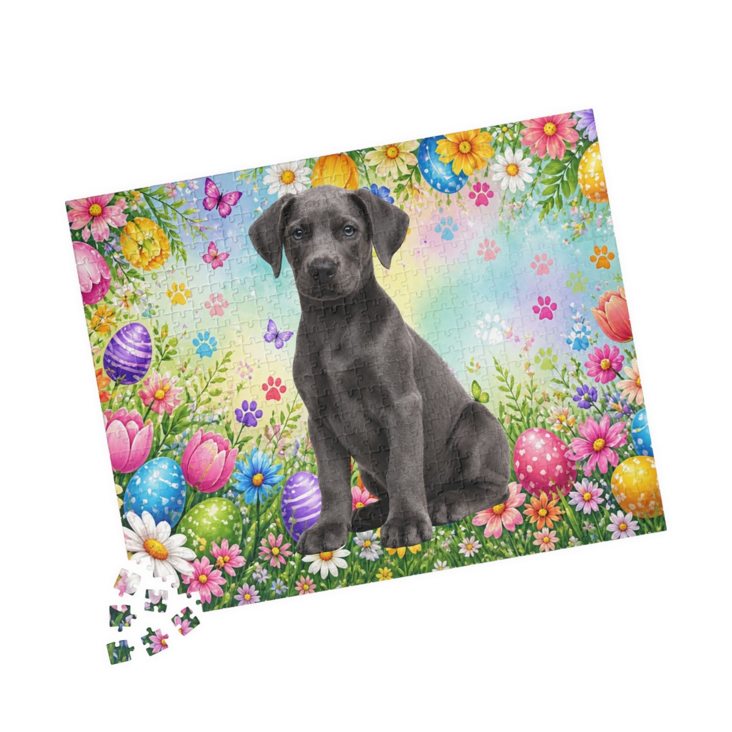 Doberman (Blue) Easter Puppy Puzzle - Colorful Spring Garden with Eggs and Blooms
