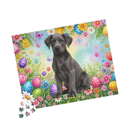 Doberman (Blue) Easter Puppy Puzzle - Colorful Spring Garden with Eggs and Blooms