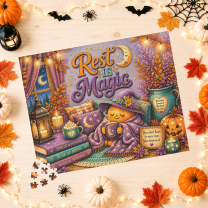 Rest Is Magic Halloween Puzzle - Cozy Pumpkin with Moon Mug, You Deserve Rest Sign, and Magical Books
