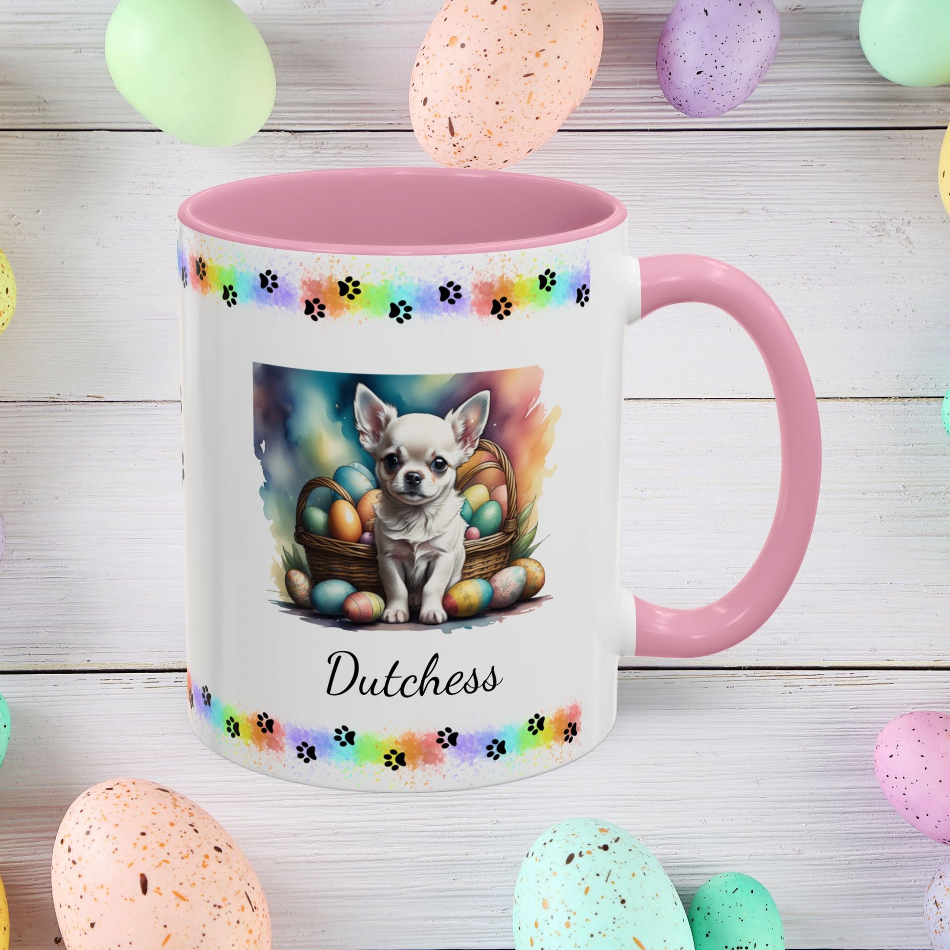 Chihuahua (White): Personalized Easter Puppy Coffee Mug - Adorable Dog Design, Mental Health Gift, 11oz & 15oz, 12 Color Choices, Easter Gifts & Décor