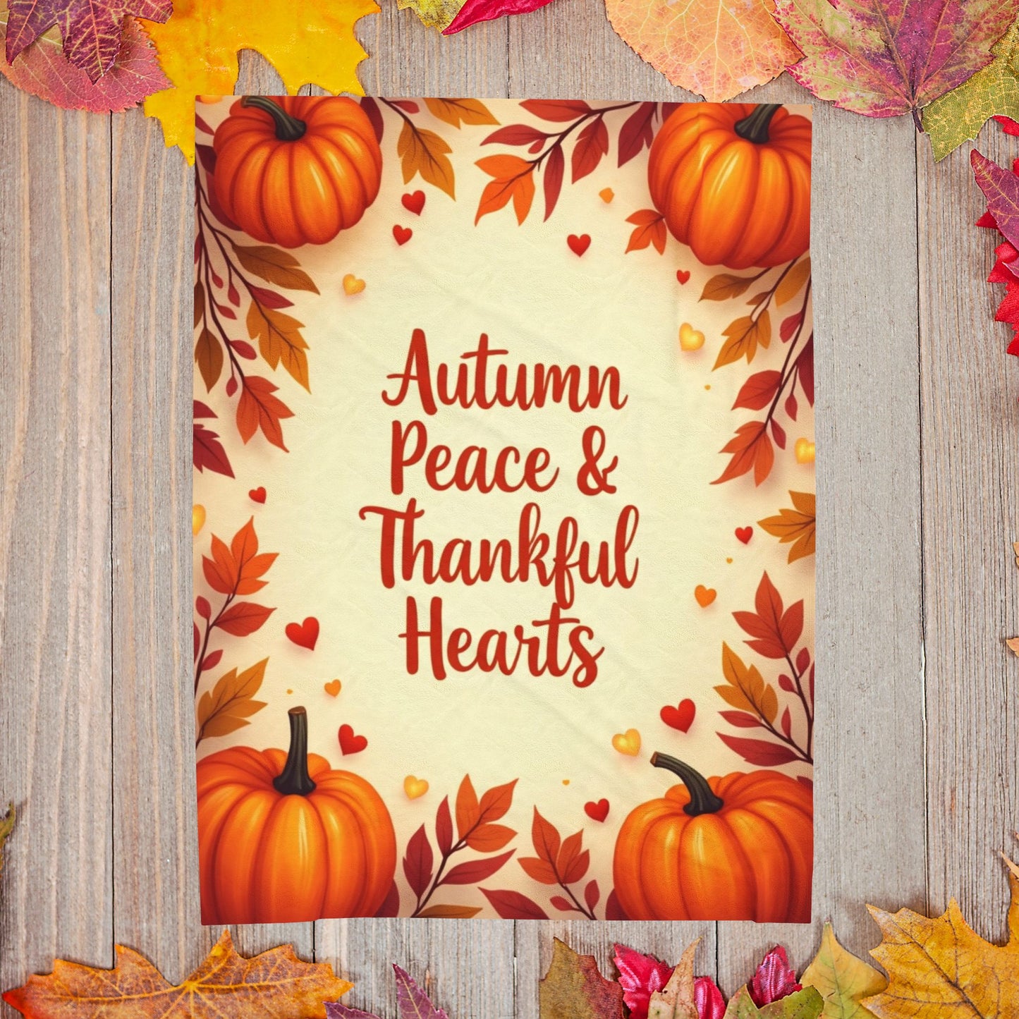 Thanksgiving blanket with “Autumn Peace & Thankful Hearts,” warm fall colors, peaceful cozy design.