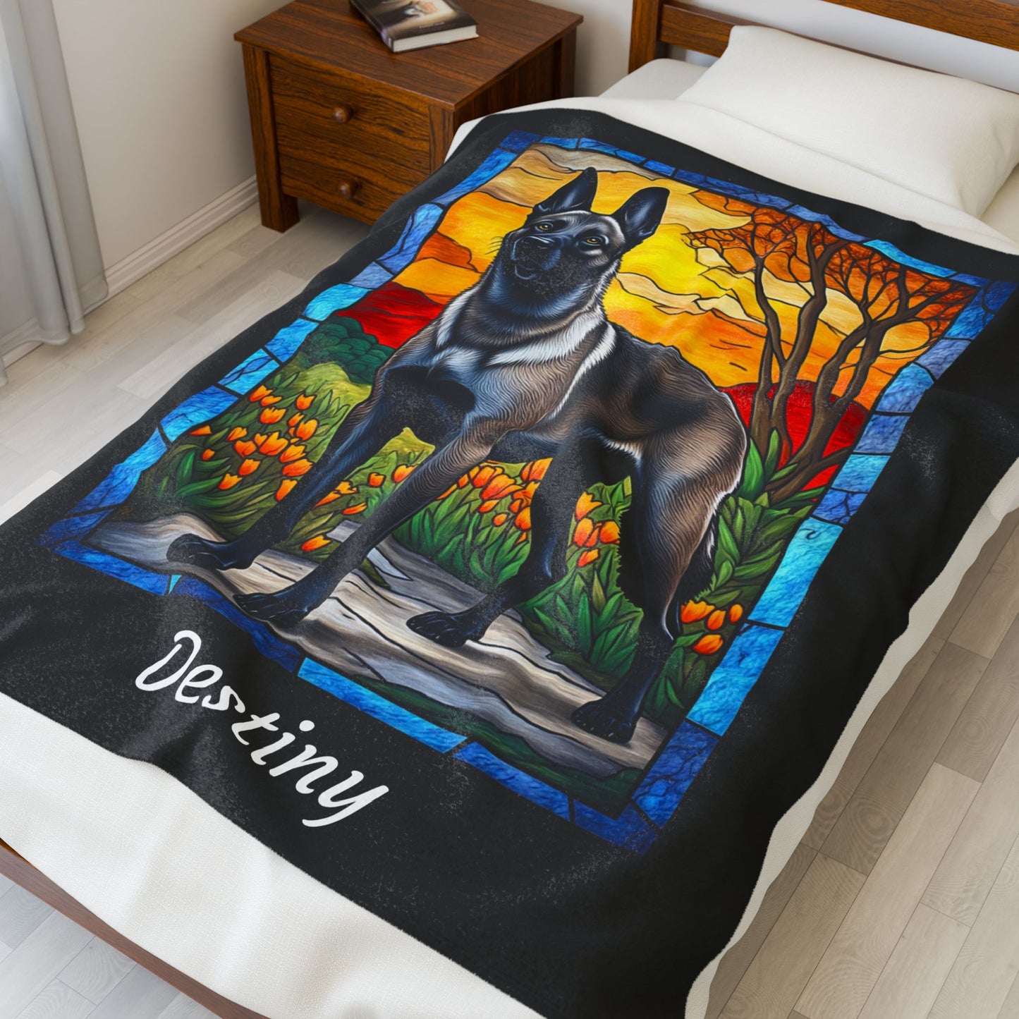 Belgian Malinois gray sable velveteen blanket, stained glass dog throw, personalized pet gift - MySisterIsASurvivor