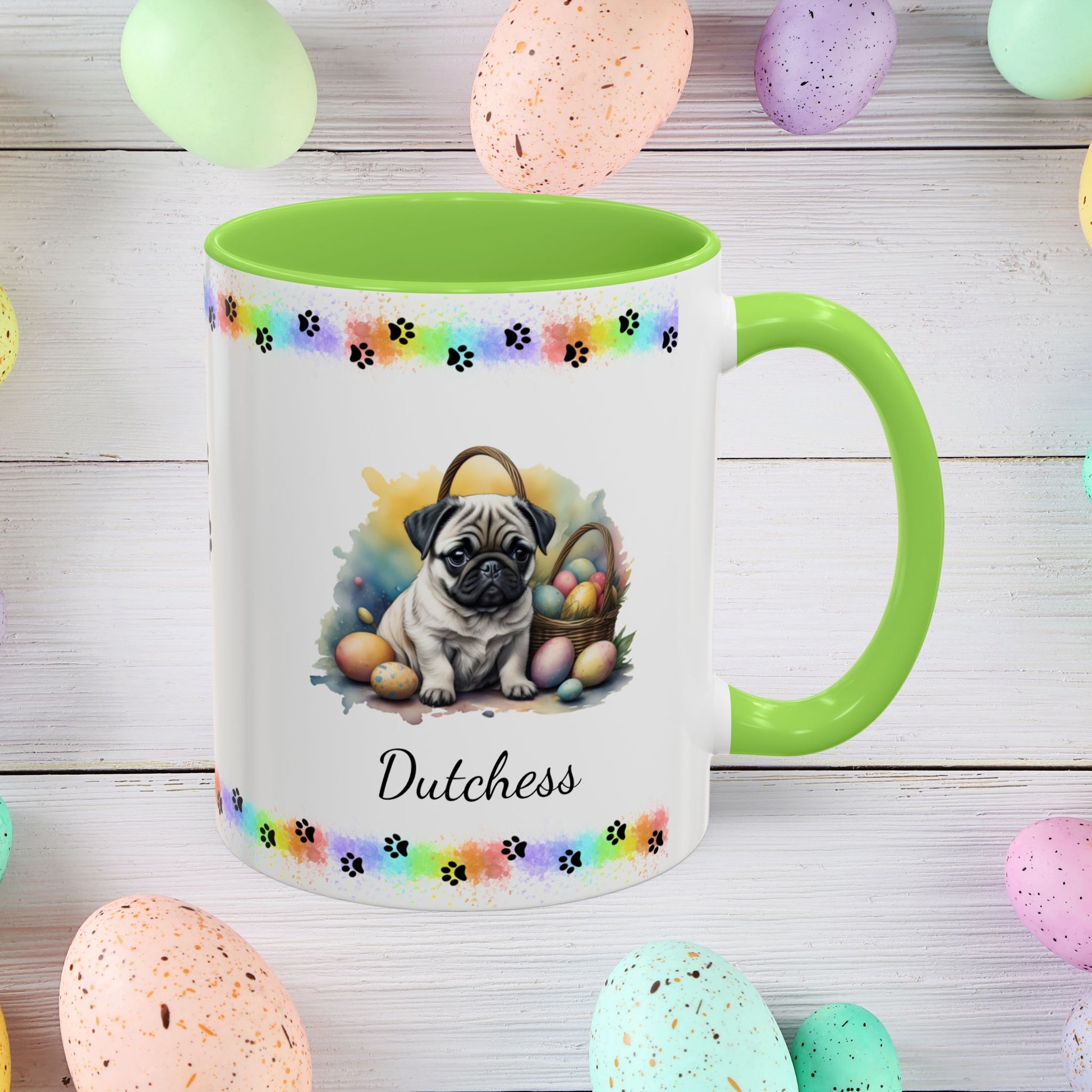 Pug: Personalized Easter Puppy Coffee Mug - Adorable Dog Design, Mental Health Gift, 11oz & 15oz, 12 Color Choices, Easter Gifts & Décor