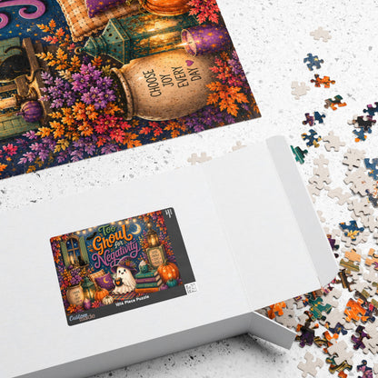 Too Ghoul for Negativity Halloween Puzzle - Ghost with Cauldron Mug, Good Energy Stays Here Sign, and Gratitude Books