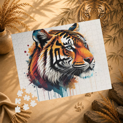 The Tiger Within - Vivid Tiger Portrait Puzzle with Multicolor Paint Splatters on White