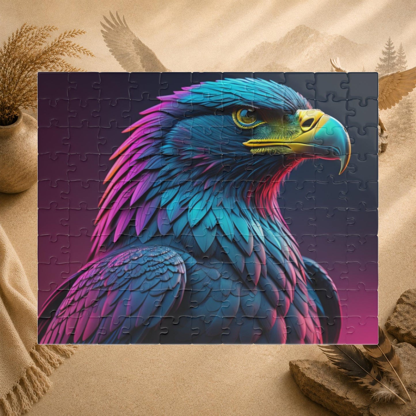 Eagle's Fortitude - Neon Eagle Portrait Puzzle with Teal and Pink-Purple Feathers on Dark Gradient